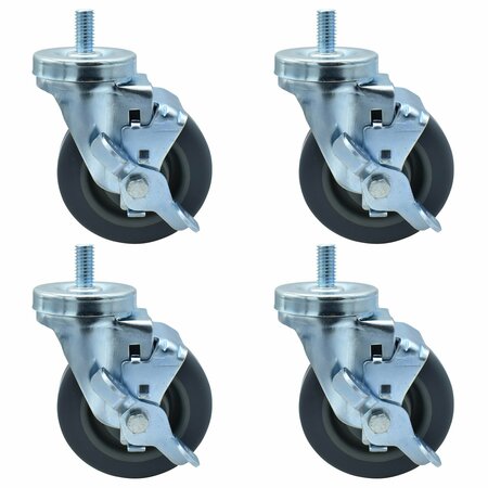 BK RESOURCES 4-inch Threaded Stem Casters, GY Rubber Wheels, Brake, 300lb Cap, Oil/Grease/Water Resistant, 4PK 4SBR-4ST-GR-PS4